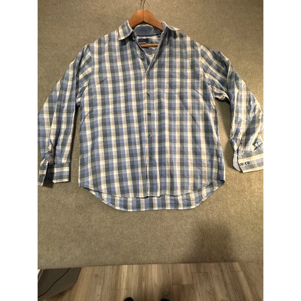 Tommy Bahama Mens Blue White Plaid Cotton Silk Blend Button Down Shirt M